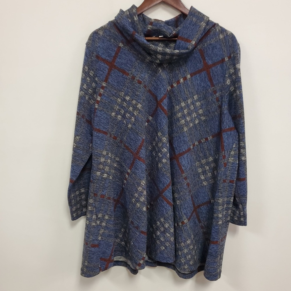 John Mark‎ Womens Plaid Cowl Neck Top Size 1X Blue Artsy Lagom Office Church